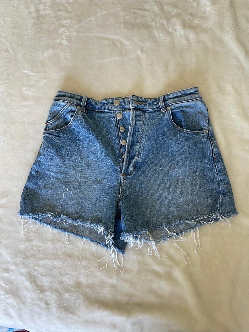 ROLLA'S Distressed Blue High-Rise Button-Fly Denim Shorts